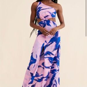 One-Shoulder Pink and Blue Maxi Dress